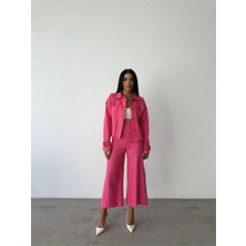 Defy Moda Keten Püskül Detaylı Gömlek-Pantolon Takım - Fuşya