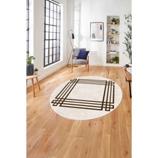 Napoli Home Çerçeveli Geometrik Motifli Yıkanabilir Kaymaz Yuvarlak Salon Halısı, Çerçeveli-Y-67-Kahve,