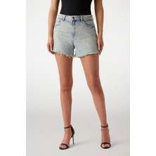 Kadın Suni Taş Işlemeli Denim Şort - Mavi