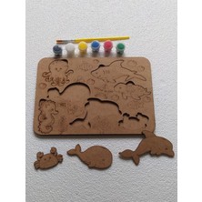 Boyanabilir Ahşap Bultak Puzzle - Hayvan Figürlü Eğitici Oyuncak (Boya ve Fırça Dahil) 25X18 cm
