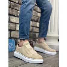 Pabucmarketi Bağcıksız Çift Bant Erkek Ayakkabı Krem (Beyaz Taban)