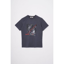 Bisiklet Yaka Kaplan Baskılı Füme Renk Erkek Çocuk Tshirt