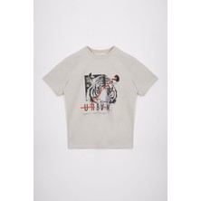 Bisiklet Yaka Kaplan Baskılı Taş Renk Erkek Çocuk Tshirt