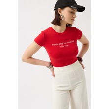 Baskılı Likralı Crop Kırmızı T-Shirt