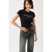 Baskılı Likralı Crop Siyah T-Shirt