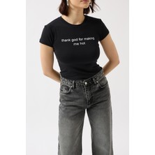 Baskılı Likralı Crop Siyah T-Shirt