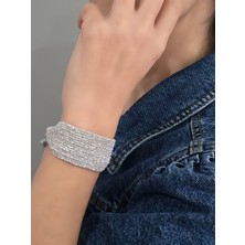 Eva Takı Store 15 Sıralı Zincir Dokuma Kordon Model El Yapımı Gümüş Renk Bileklik