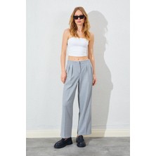 Tena Kadın Gri Kemersiz Önü Çift Pileli Poliviskon Pantolon