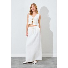 Tena Kadın Ekru Bağlama Bluzlu Uzun Etekli Müslin Takım