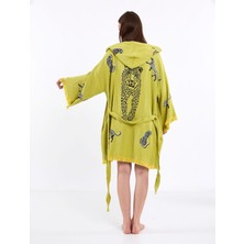 Befera Design Müslin Kimono %100 Pamuklu Leopar Desenli Yağ Yeşili Pareo Bornoz Kaftan Sabahlık