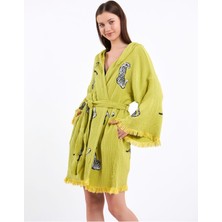 Befera Design Müslin Kimono %100 Pamuklu Leopar Desenli Yağ Yeşili Pareo Bornoz Kaftan Sabahlık