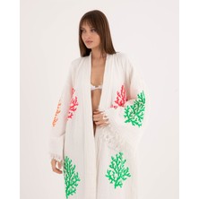 Befera Design Müslin Kimono %100 Pamuklu Mercan Desenli Bornoz Kaftan Sabahlık
