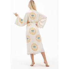 Befera Design Müslin Kimono %100 Pamuklu Göz Baskılı Desenli Bornoz Kaftan Sabahlık