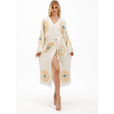 Befera Design Müslin Kimono %100 Pamuklu Göz Baskılı Desenli Bornoz Kaftan Sabahlık