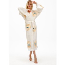 Befera Design Müslin Kimono %100 Pamuklu Göz Baskılı Desenli Bornoz Kaftan Sabahlık