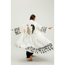 Befera Design Müslin Kimono %100 Pamuklu Leopar Baskılı Desenli Bornoz Kaftan Sabahlık