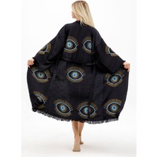 Befera Design Müslin Kimono %100 Pamuklu Göz Baskılı Desenli Bornoz Kaftan Sabahlık