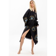 Befera Design Müslin Kimono %100 Pamuklu Göz Baskılı Desenli Bornoz Kaftan Sabahlık