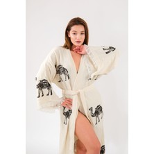 Befera Design Müslin Kimono %100 Pamuklu Deve Baskılı Desenli Bornoz Kaftan Sabahlık