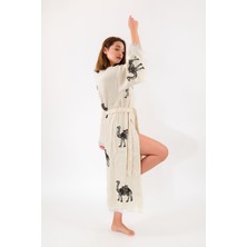 Befera Design Müslin Kimono %100 Pamuklu Deve Baskılı Desenli Bornoz Kaftan Sabahlık