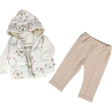 by BebekOdam Kız Bebek Ekru Kahve Çiçek Desenli Şişme Yelekli 3'lü Takım - 1015614