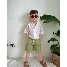 Tuar Kids Erkek Çocuk Pamuklu Bayram Için Uygun Keten Kumaş Çizgili Gömlek Şort Takımı
