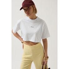Baskılı Crop Beyaz T-Shirt