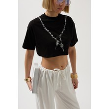 Baskılı Crop Siyah T-Shirt