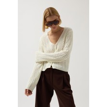 Black Fashion Düğme Detay Örgü Ekru Bluz