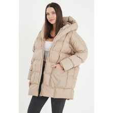 Meecy Kadın Kapşonlu Oversize Bej Şişme Mont