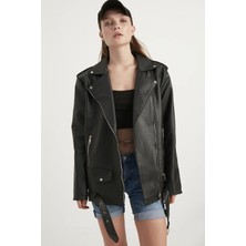 Meecy Kadın Oversize Biker Deri Ceket Siyah Standart Kalıp Günlük Stil Cepli