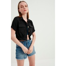 Meecy Kadın Siyah Cepli Kısa Kollu Yazlık Keten Viskon Ceket