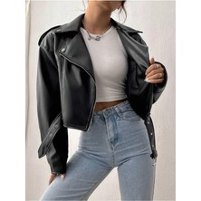 Kemerli Oversize Crop Deri Ceket Lq