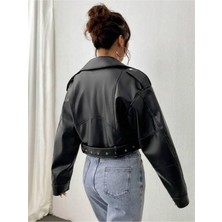 Kemerli Oversize Crop Deri Ceket Lq