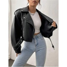 Kemerli Oversize Crop Deri Ceket Lq