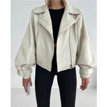 Meecy Kadın Krem Oversize Deri Ceket