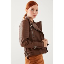 Meecy Kadın Kahve Kol Detaylı Deri Ceket