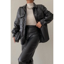 Double Cepli Çıtçıtlı Deri Ceket Siyah
