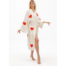 Befera Design Müslin Kimono %100 Pamuklu Kalp Baskılı Desenli Bornoz Kaftan Sabahlık