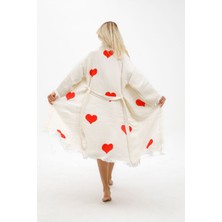 Befera Design Müslin Kimono %100 Pamuklu Kalp Baskılı Desenli Bornoz Kaftan Sabahlık