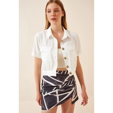 Meecy Kadın Beyaz Cepli Kısa Kollu Yazlık Keten Viskon Ceket