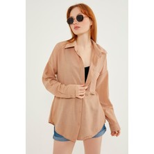 Kadın Kahve Hafif Oversize Keten Gömlek