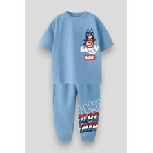 Magu Erkek Çocuk Pamuklu Mavi Bluey & Marvel Baskılı Takım - Kaptan Amerika Temalı