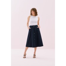 ROMAN Beli Kemerli Önü Çıtçıt Detaylı Midi Boy Etek Lacivert Y2515042_015