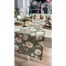 Decamor Home Leke Tutmaz Çiçek Desenli Yeşil Ekru Runner