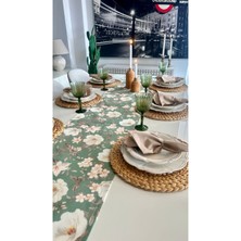 Decamor Home Leke Tutmaz Çiçek Desenli Yeşil Ekru Runner