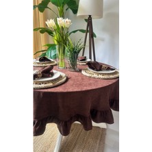 Decamor Home Kadife Dokulu Koyu Kahverengi Fırfırlı Yuvarlak Masa Örtüsü Leke Tutmaz
