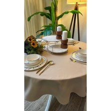 Decamor Home Keten Kumaş Bej Yuvarlak Masa Örtüsü Leke Tutmaz Su Itici Özellikli Dertsiz Masa Örtüsü