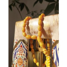 Sancaktar Tesbihçilik Sarı Hareli Sıkma Kehribar Tesbih, 7.5 x 11.5 mm, Beyzi Kesim, Örgü Saçak Püskül