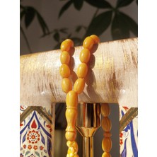 Sancaktar Tesbihçilik Sarı Hareli Sıkma Kehribar Tesbih, 7.5 x 11.5 mm, Beyzi Kesim, Örgü Saçak Püskül
